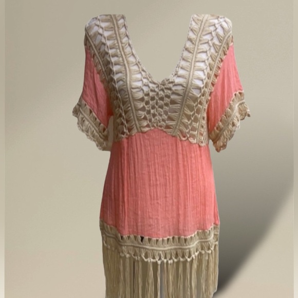 Kori Peach Bohemian Crochet Lace Fringe Top Swim Coverup Dress Gauzy Sz S - Picture 6 of 11